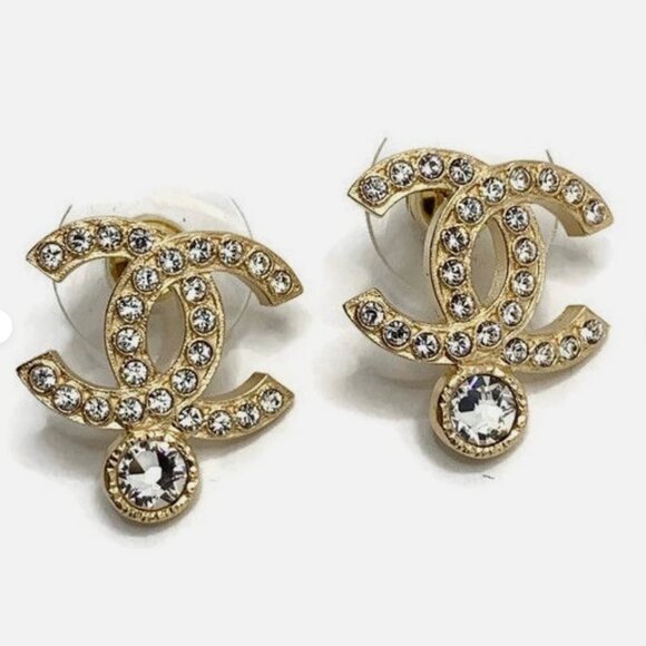 Authentic Chanel CC Earrings With Crystals Gold Hardware Brand New In Box - Picture 1 of 6